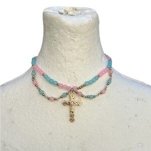 Elegant Gold and Multicolor Beaded Cross Necklace